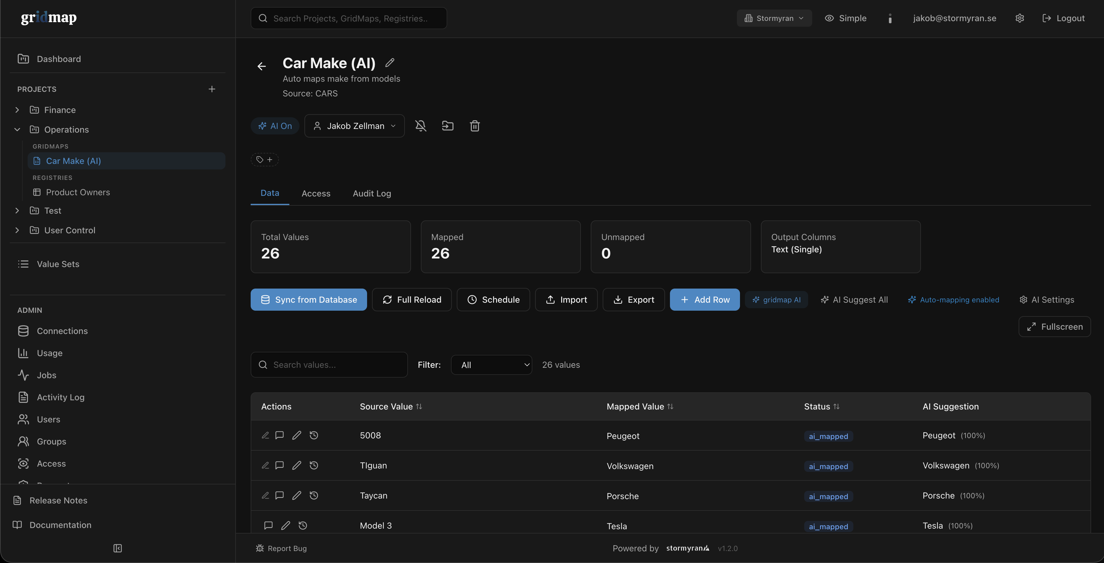 gridmap — Car Make (AI): AI-mapped source values with confidence scores