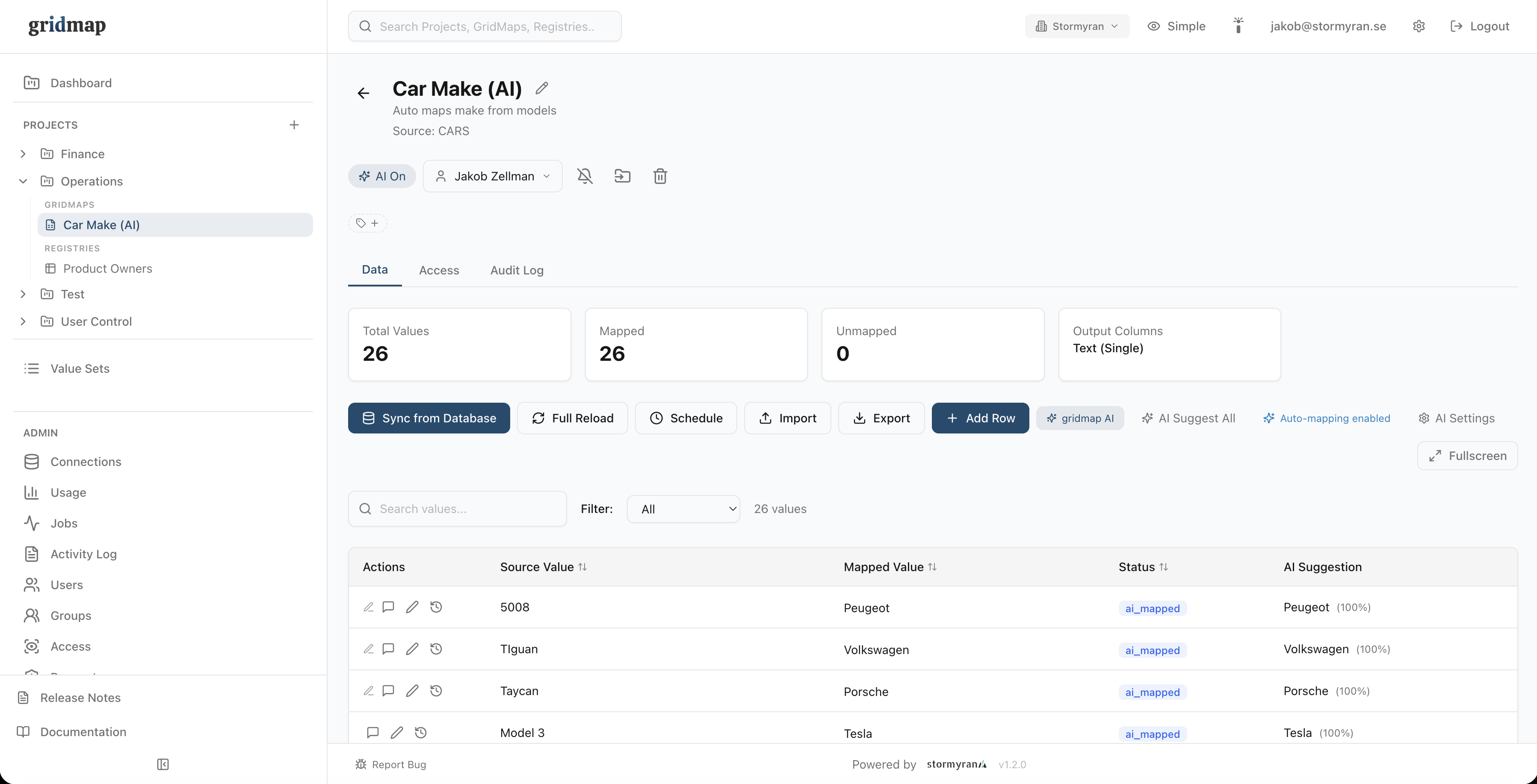 gridmap — Car Make (AI): AI-mapped source values with confidence scores