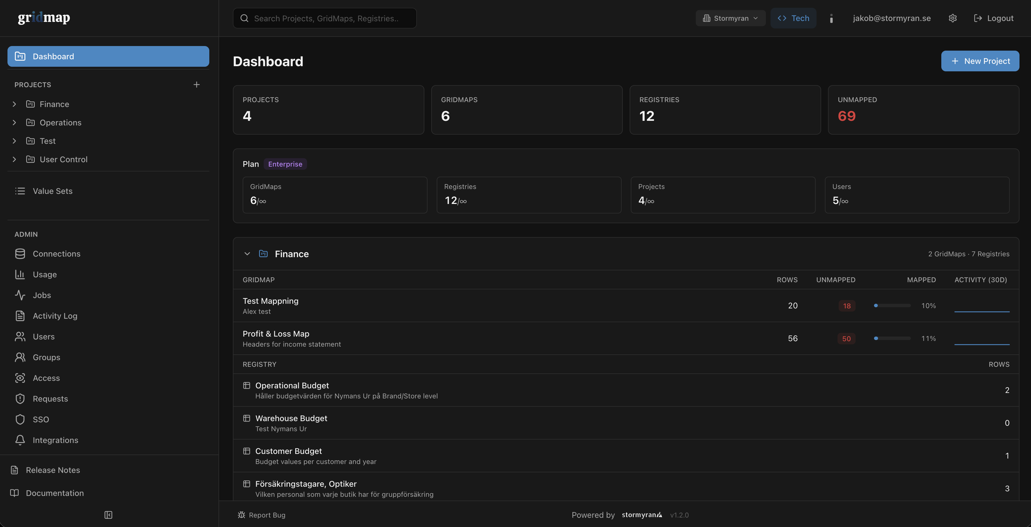 gridmap dashboard — projects, GridMaps, registries, and unmapped counts at a glance
