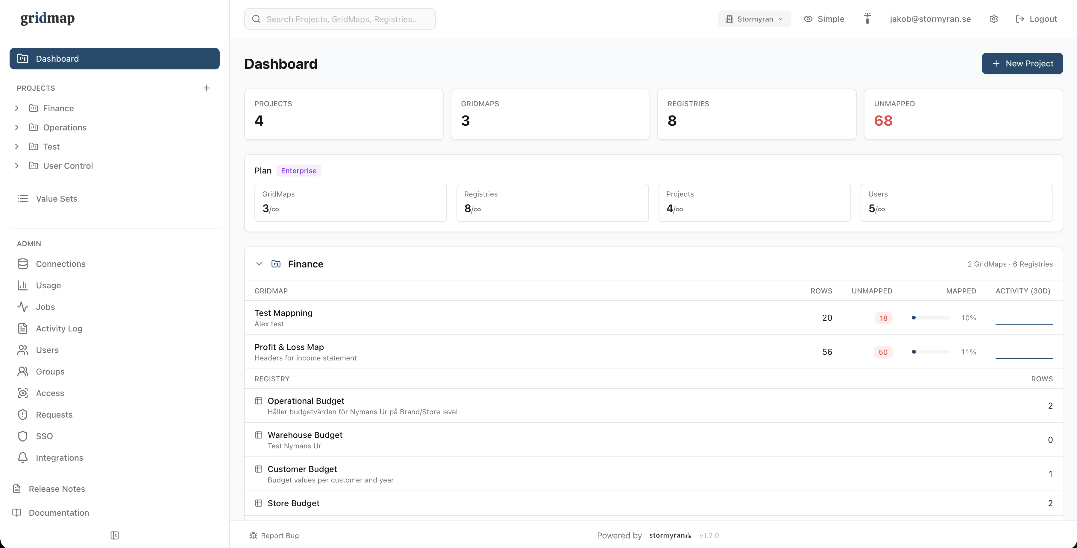 gridmap dashboard — projects, GridMaps, registries, and unmapped counts at a glance